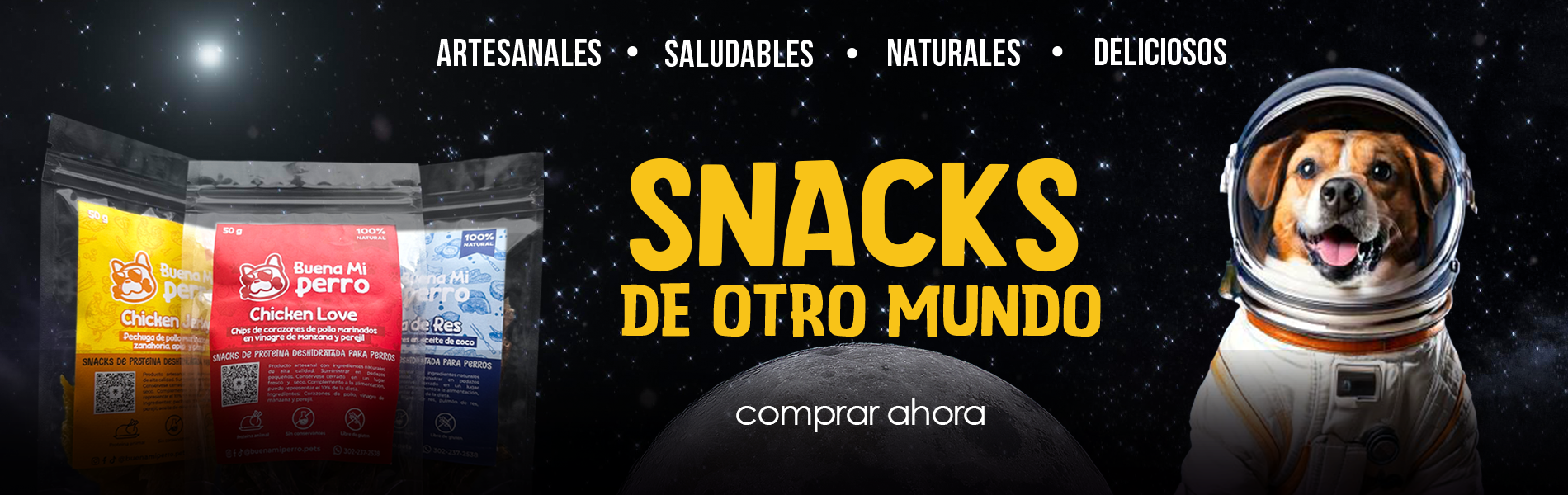 perro en el espacio con snacks deshidratados saludables